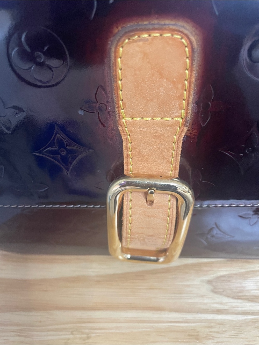 Louis Vuitton Vernis Deep Burgundy Patent Satchel with Tan Strap and Gold Buckle